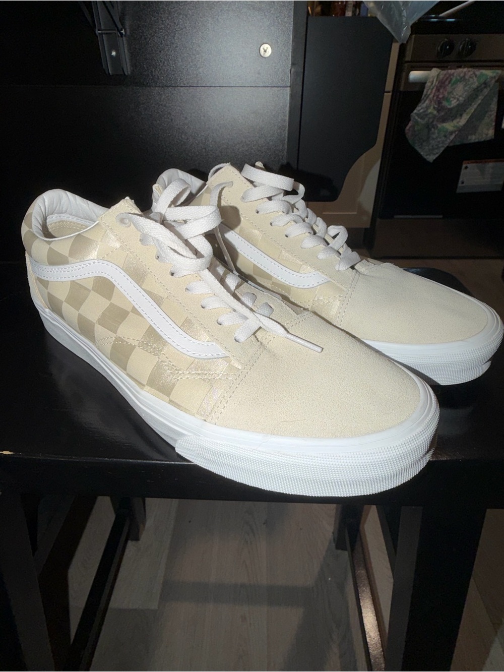 Vans Men’s Low-Top Checkerboard Sneakers — Beige & White